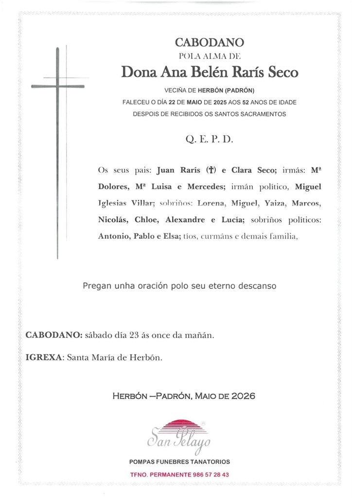 ANIV:  ANA BELEN RARIS SECO  23/05/2026
