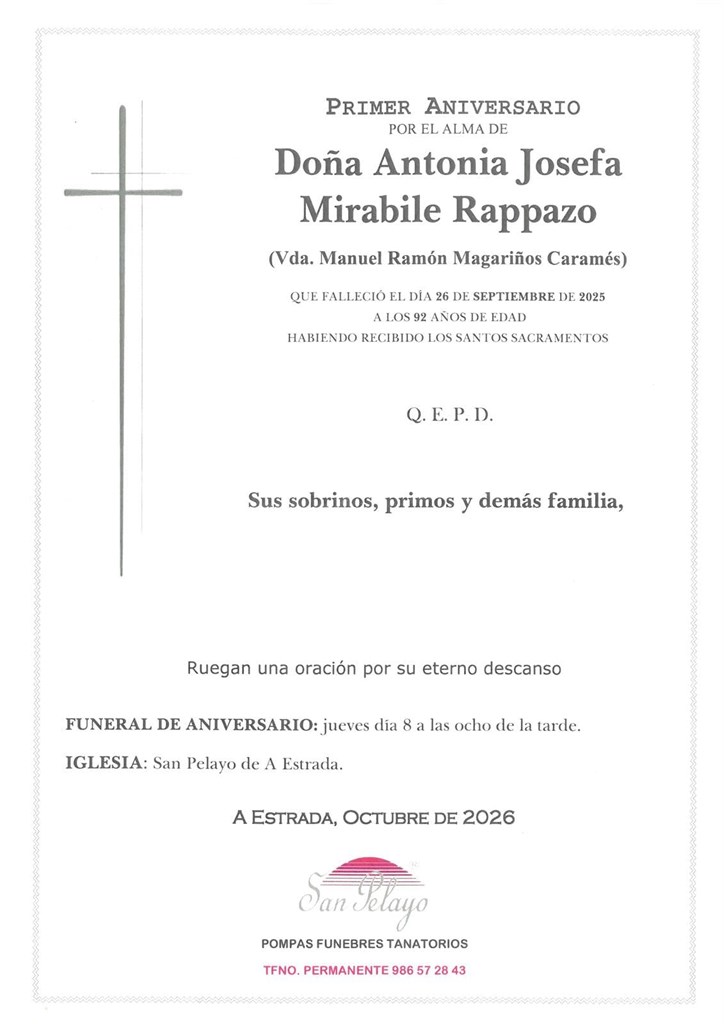 ANIV. ANTONIA JOSEFA MIRABILE RAPPAZO 8/10/2026