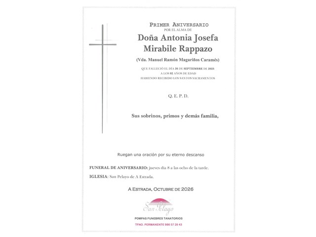 ANIV. ANTONIA JOSEFA MIRABILE RAPPAZO 8/10/2026