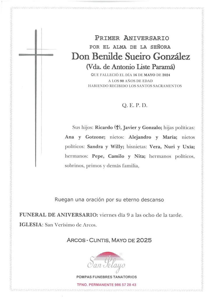 ANIV. BENILDE SUEIRO GONZALEZ 9/05/2025