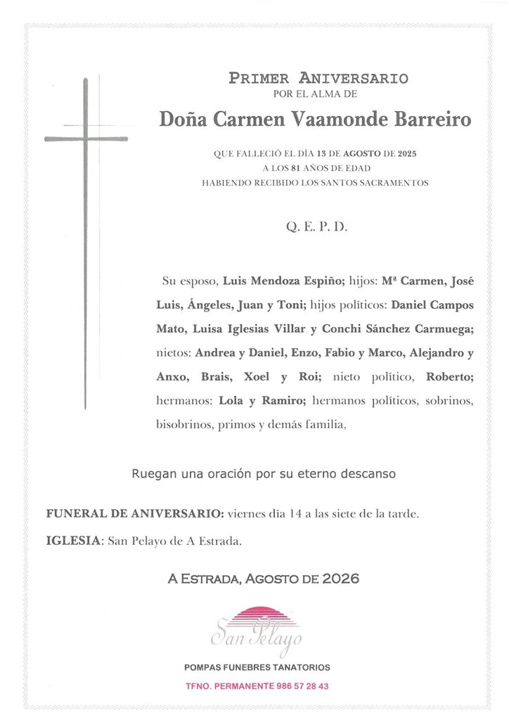 ANIV: CARMEN VAAMONDE BARREIRO 14/08/2026