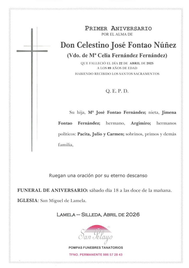 ANIV: CELESTINO JOSÉ FONTAO NÚÑEZ 18/04/2026