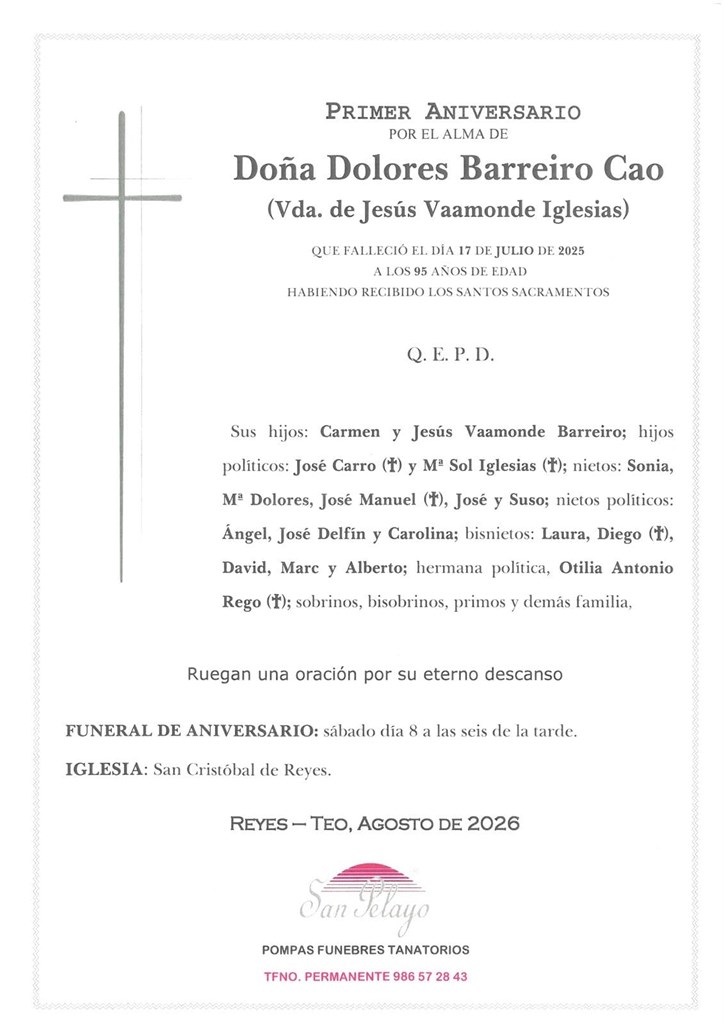 ANIV: DOLORES BARREIRO CAO 08/08/2026
