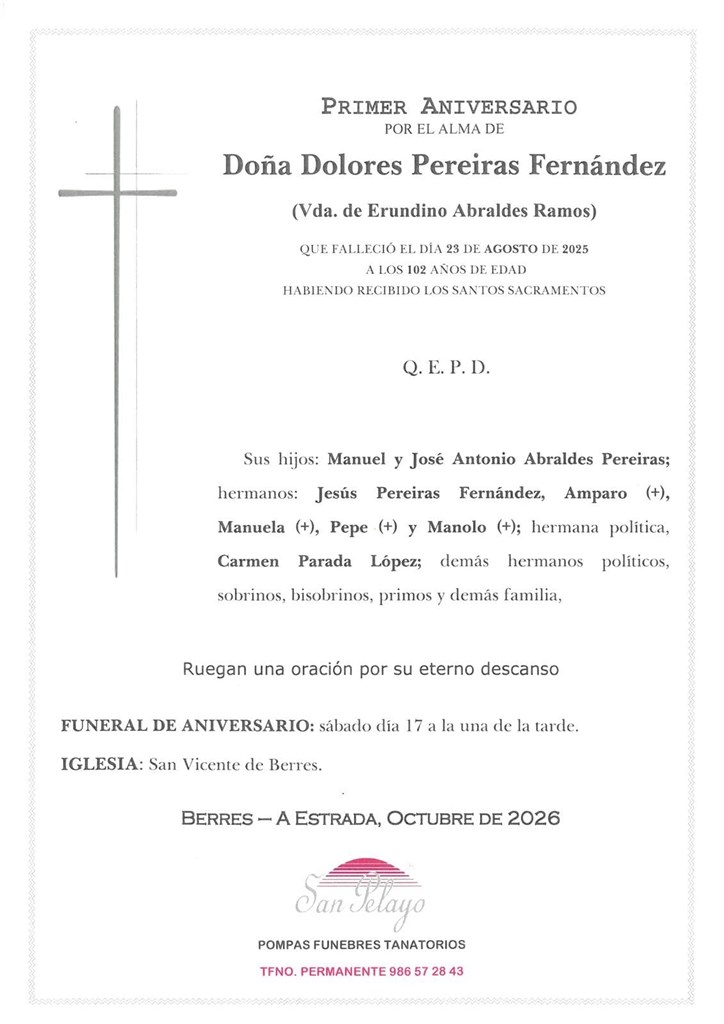 ANIV. DOLORES PEREIRAS FERNÁNDEZ 17/10/2026