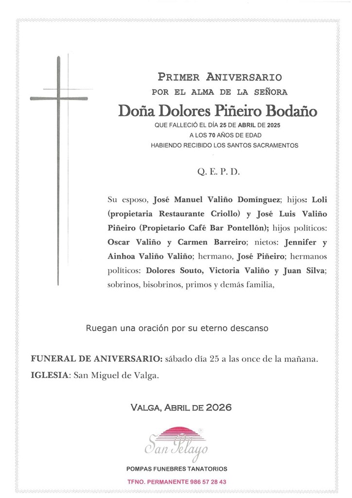 ANIV. DOLORES PIÑEIRO BODAÑO 25/04/2026