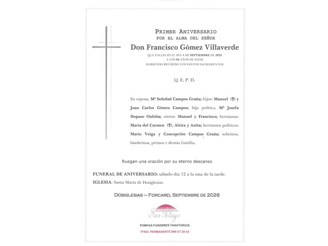 ANIV. FRANCISCO GOMEZ VILLAVERDE 12/09/2026