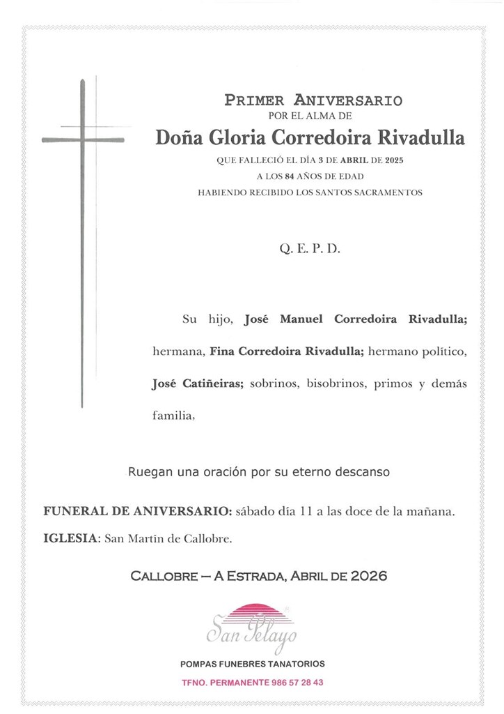 ANIV. GLORIA CORREDOIRA RIVADULLA11/04/2026