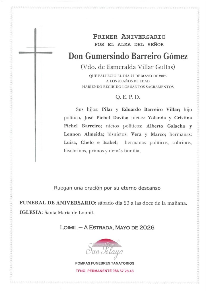 ANIV:  GUMERSINDO BARREIRO GOMEZ, 23/05/2026
