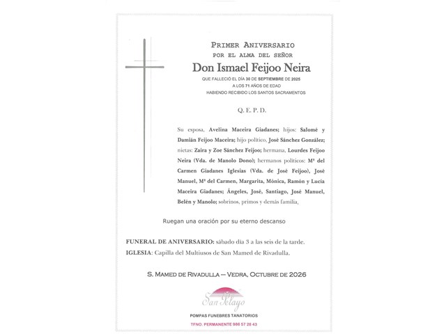 ANIV: ISMAEL FEIJOO NEIRA 03/10/2026