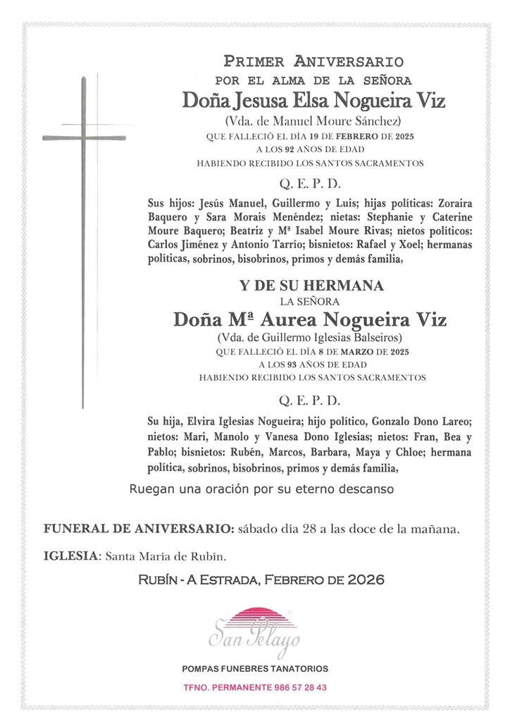 ANIV. JESUSA ELSA Y Mª AUREA NOGUEIRA VIZ 28/2/2026