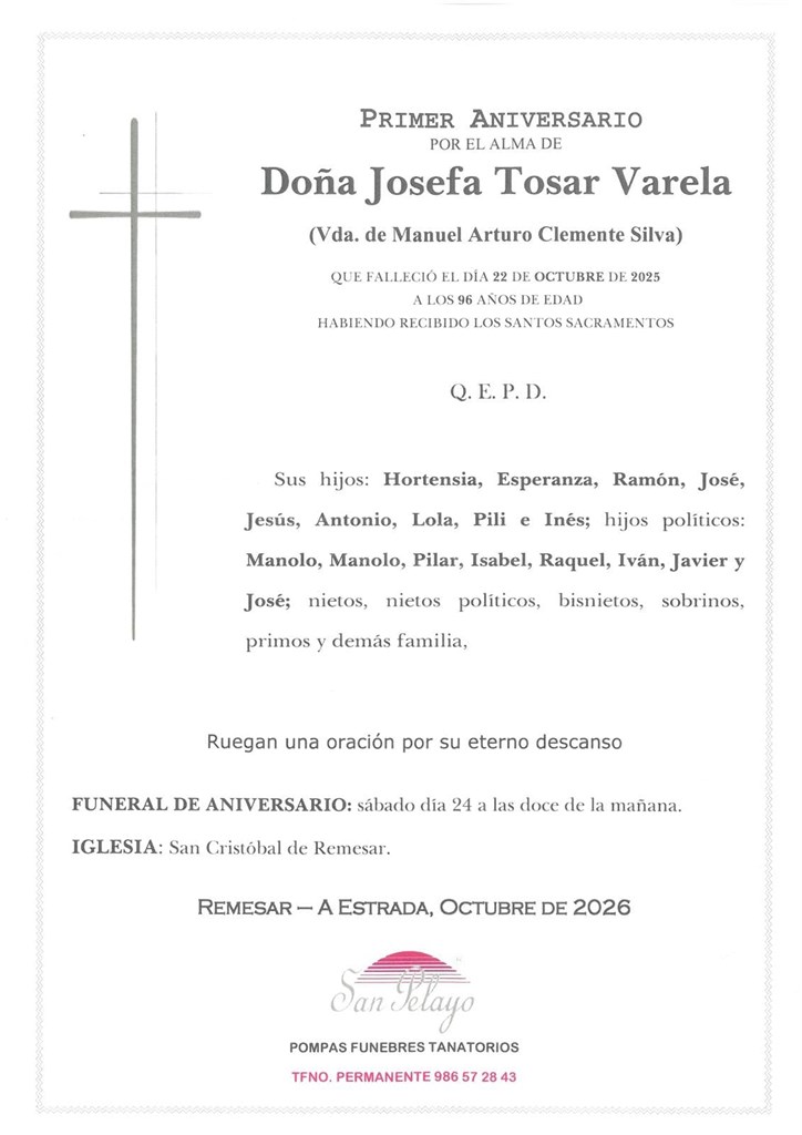 ANIV: JOSEFA TOSAR VARELA 24/10/2026
