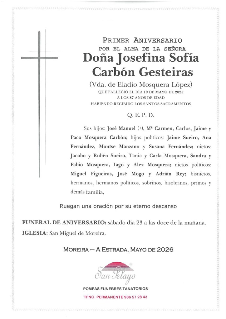 ANIV: JOSEFINA SOFIA CARBON GESTEIRAS   23/05/2026