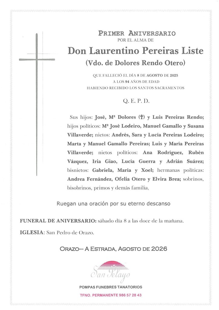 ANIV: LAURENTINO PEREIRAS LISTE 08/08/2026