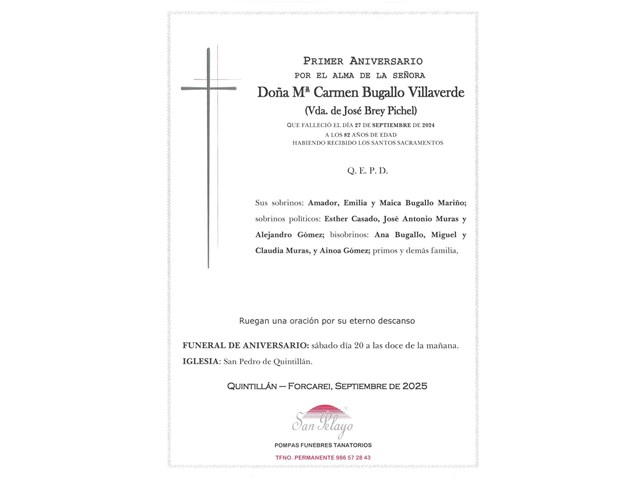 ANIV. Mª CARMEN BUGALLO VILLAVERDE 20/09/2025
