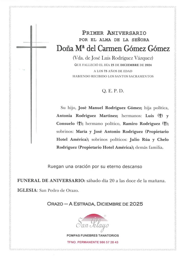 ANIV. Mª DEL CARMEN GOMEZ GOMEZ 20/12/2025
