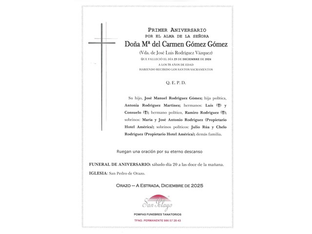 ANIV. Mª DEL CARMEN GOMEZ GOMEZ 20/12/2025