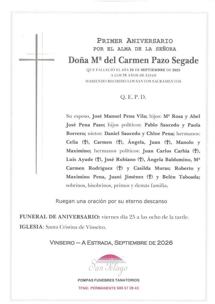 ANIV.  Mª DEL CARMEN PAZO SEGADE  25/09/2026