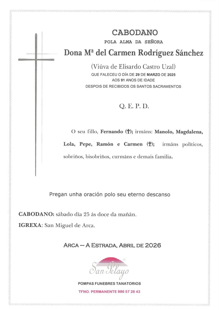 ANIV. Mª DEL CARMEN RODRIGUEZ SANCHEZ 25/04/2026
