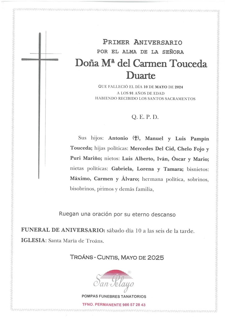 ANIV. Mª DEL CARMEN TOUCEDA DUARTE 10/05/2025