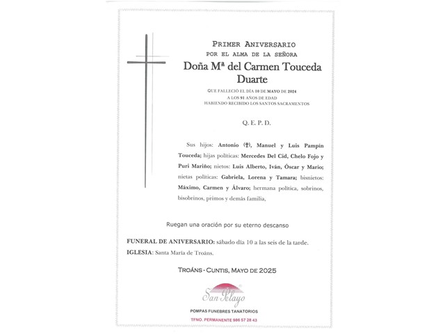 ANIV. Mª DEL CARMEN TOUCEDA DUARTE 10/05/2025