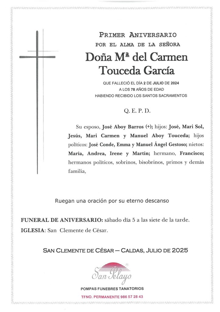 ANIV: Mª DEL CARMEN TOUCEDA GARCÍA 05/07/2025