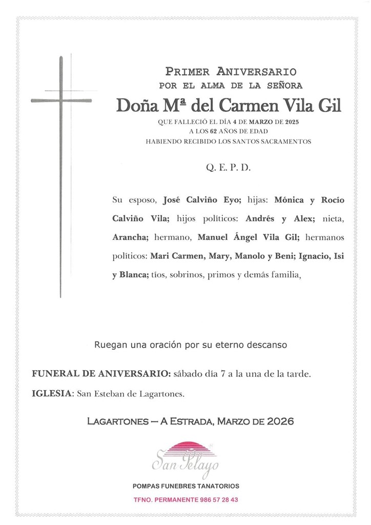 ANIV. Mª DEL CARMEN VILA GIL 7/03/2026
