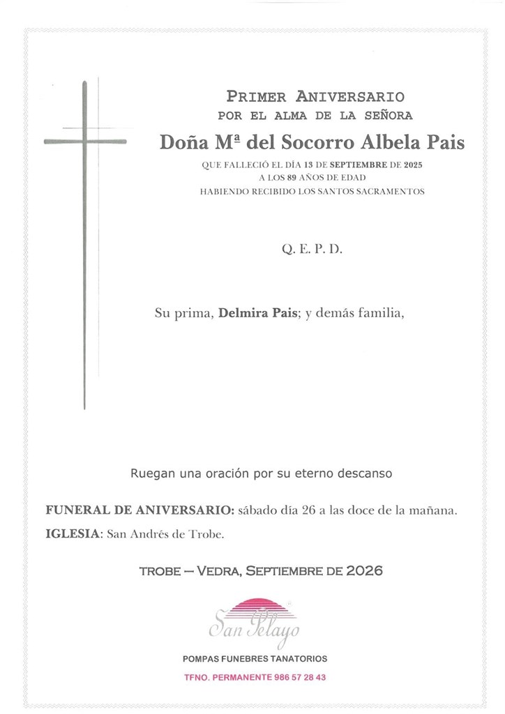 ANIV. Mª DEL SOCORRO ALBELA PAIS  26/09/2026