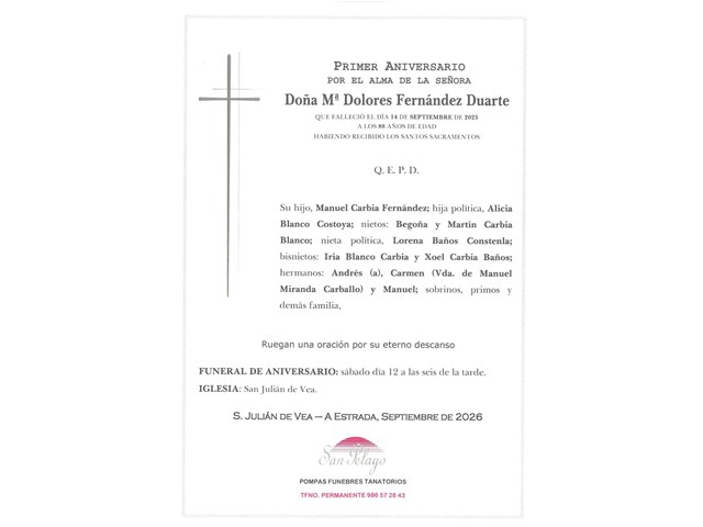 ANIV. Mª DOLORES  FERNANDEZ DUARTE 12/09/2026