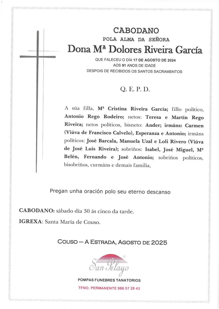 ANIV. Mª DOLORES RIVEIRA GARCIA 30/08/2025