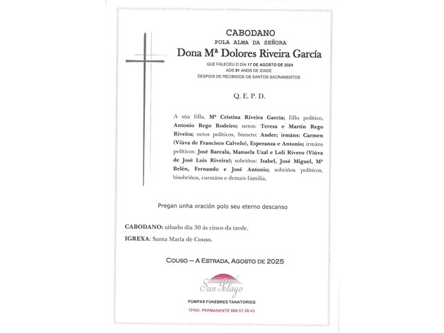 ANIV. Mª DOLORES RIVEIRA GARCIA 30/08/2025
