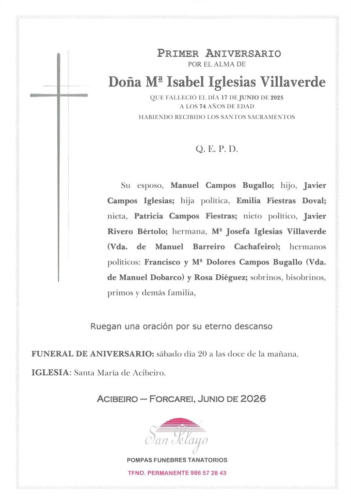 ANIV. Mª ISABEL IGLESIAS VILLAVERDE 20/06/2026