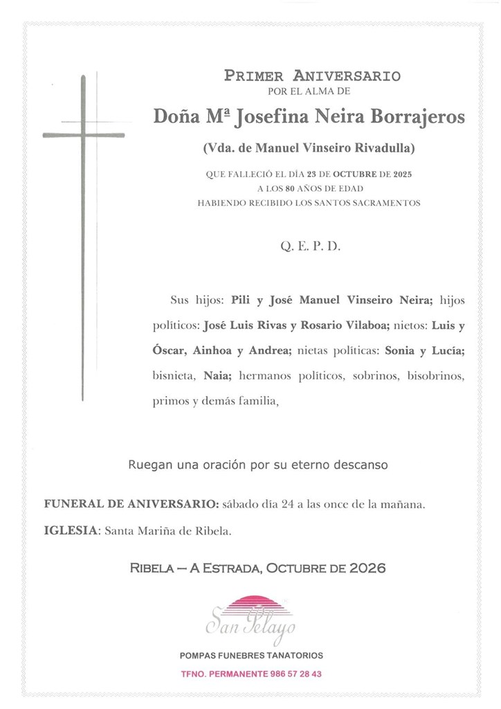 ANIV: Mª JOSEFINA NEIRA BORRAJEROS 24/10/2026