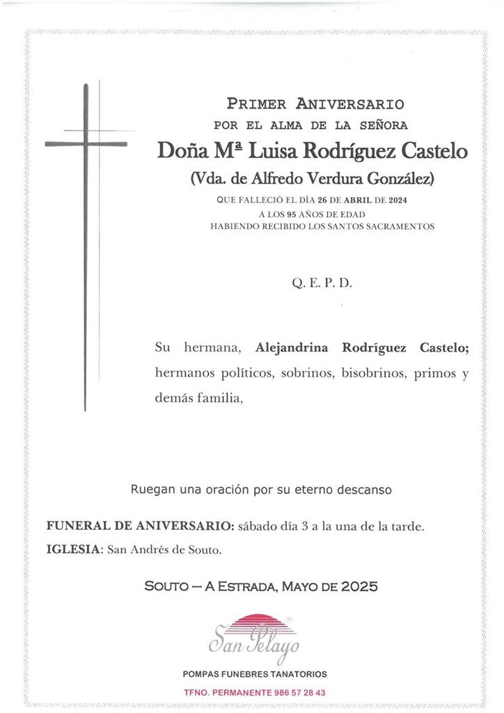 ANIV. Mª LUISA RODRIGUEZ CASTELO 3/05/2025