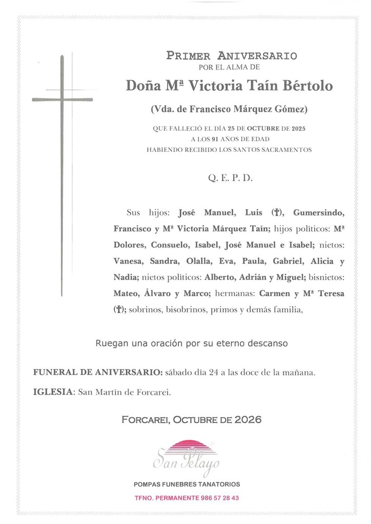 ANIV: Mª VICTORIA TAÍN BÉRTOLO 24/10/2026