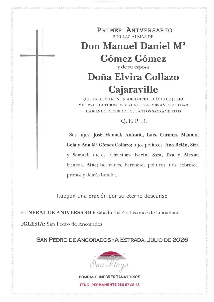 ANIV: MANUEL DANIEL Mª GÓMEZ Y ELVIRA COLLAZO 04/07/2026
