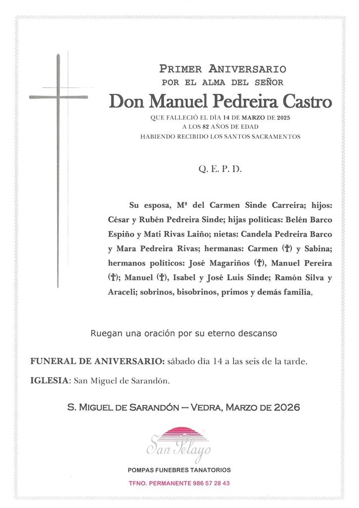 ANIV: MANUEL PEDREIRA CASTRO 14/03/2026