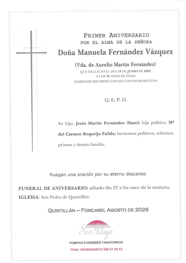 ANIV. MANUELA FERNÁNDEZ VÁZQUEZ 22/08/2026
