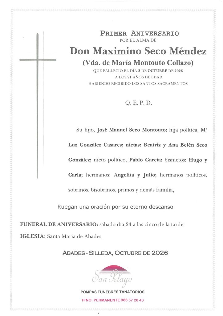 ANIV: MAXIMINO SECO MÉNDEZ 24/10/2026
