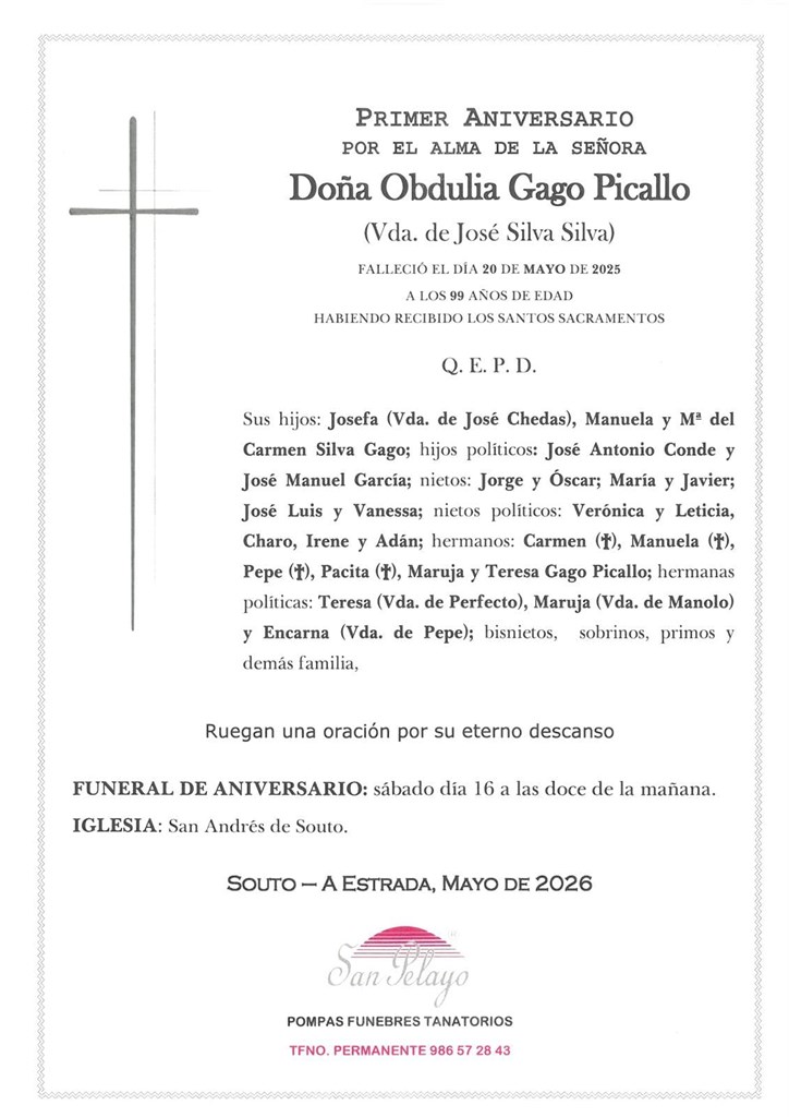 ANIV: OBDULIA GAGO PICALLO 16/05/2026