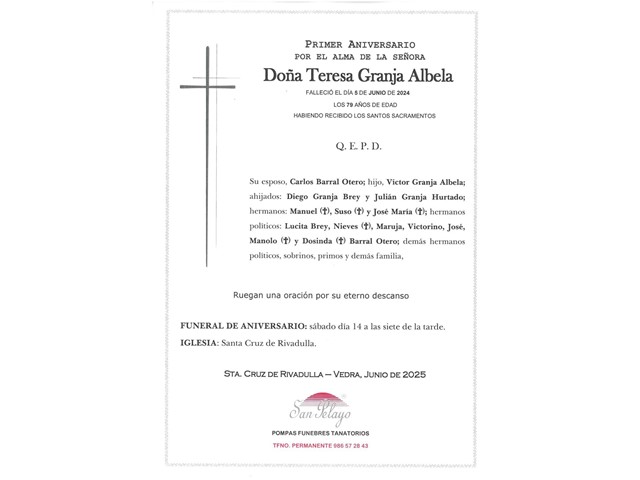 ANIV. TERESA GRANJA ALBELA 14/06/82025