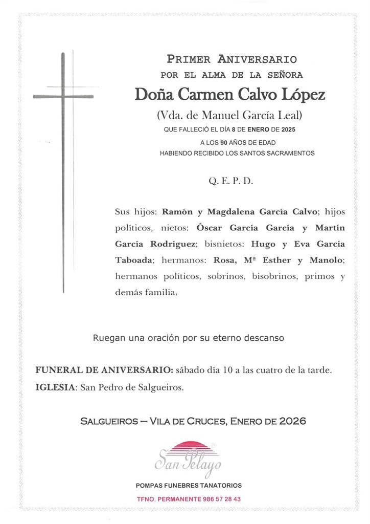 ANIVERSARIO CARMEN CALVO LÓPEZ,  10/01/2026  16:00 HORAS