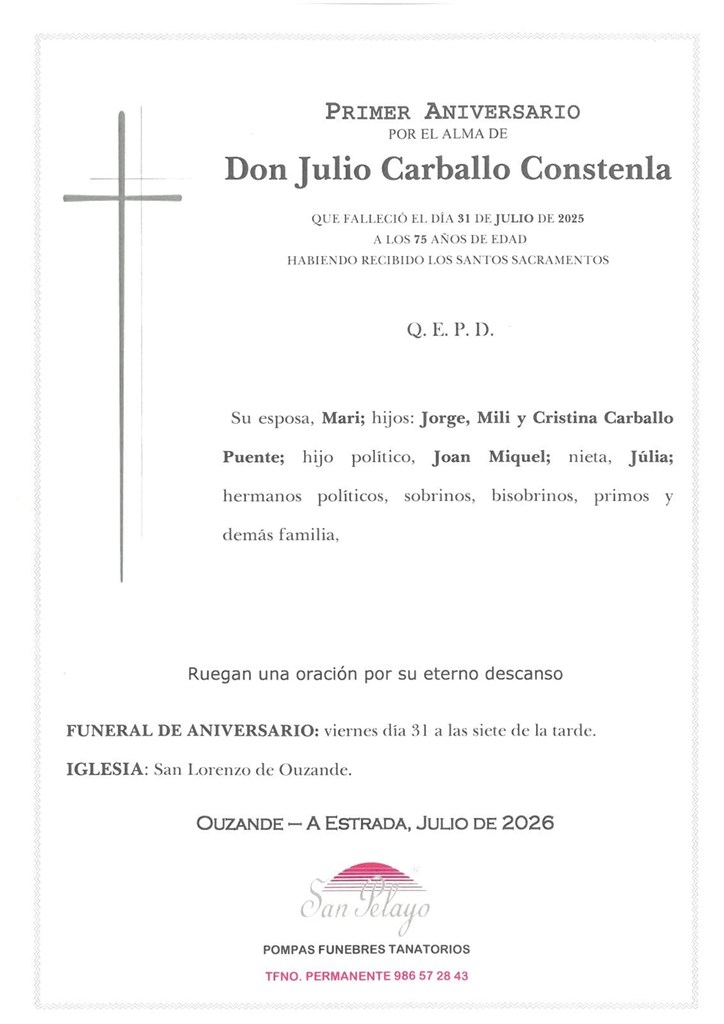 ANIVERSARIO:  JULIO CARBALLO  CONSTENLA    31/07/2026