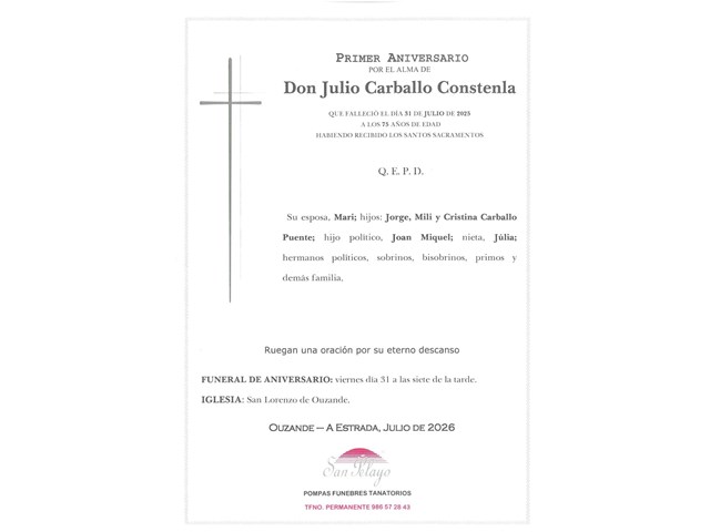 ANIVERSARIO:  JULIO CARBALLO  CONSTENLA    31/07/2026