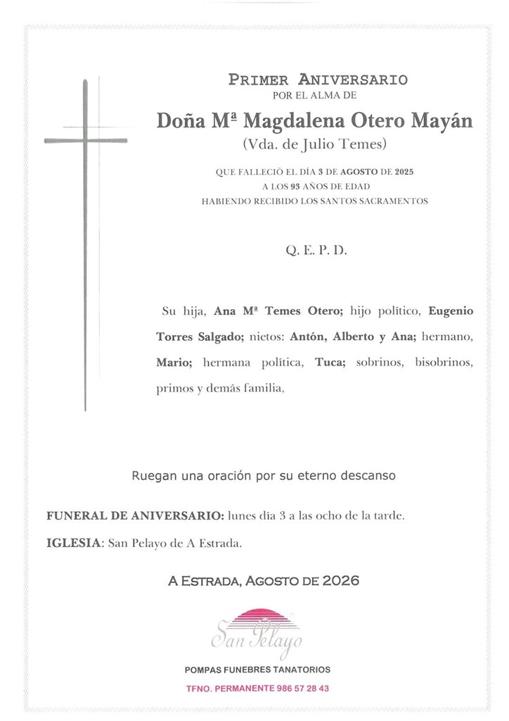 ANIVERSARIO: Mª MAGDALENA OTERO MAYAN   03/08/2026
