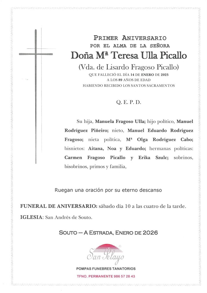 ANIVERSARIO Mª TERESA ULLA PICALLO,  10/01/2026  16:00 HORAS