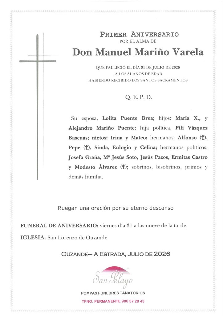 ANIVERSARIO:  MANUEL MARIÑO VARELA    31/07/2026