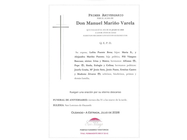 ANIVERSARIO:  MANUEL MARIÑO VARELA    31/07/2026