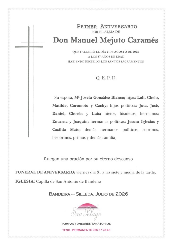ANIVERSARIO:  MANUEL MEJUTO CARAMES   31/07/2026