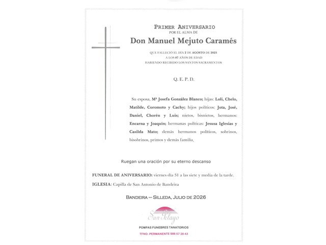 ANIVERSARIO:  MANUEL MEJUTO CARAMES   31/07/2026