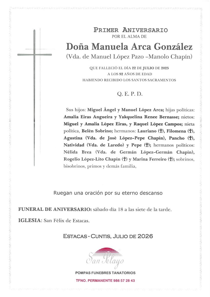 ANIVERSARIO MANUELA ARCA GONZÁLEZ 18/07/2026